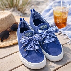Sperry Blue Canvas Sneakers Gingham Lace Up Size 8.5